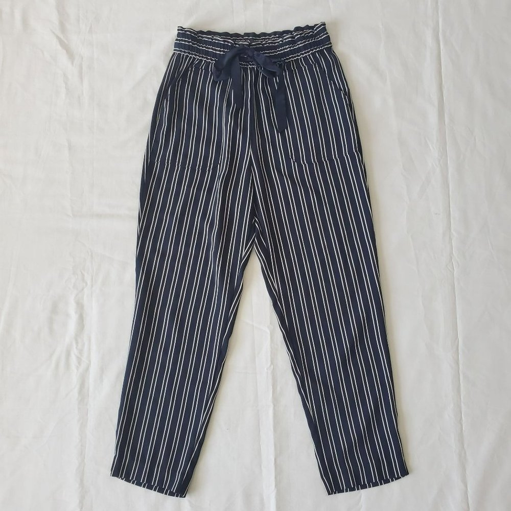 ZARA Women's Navy Blue/White Striped Drawstring Paperbag Pants Size XS - Picture 5 of 16